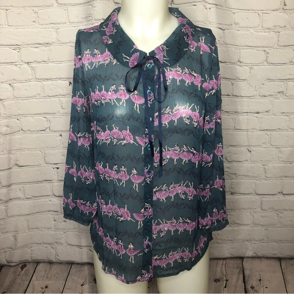 Modcloth Ballerina button down sheer Ballet / ballerina Print Blouse Top size M - Picture 1 of 16
